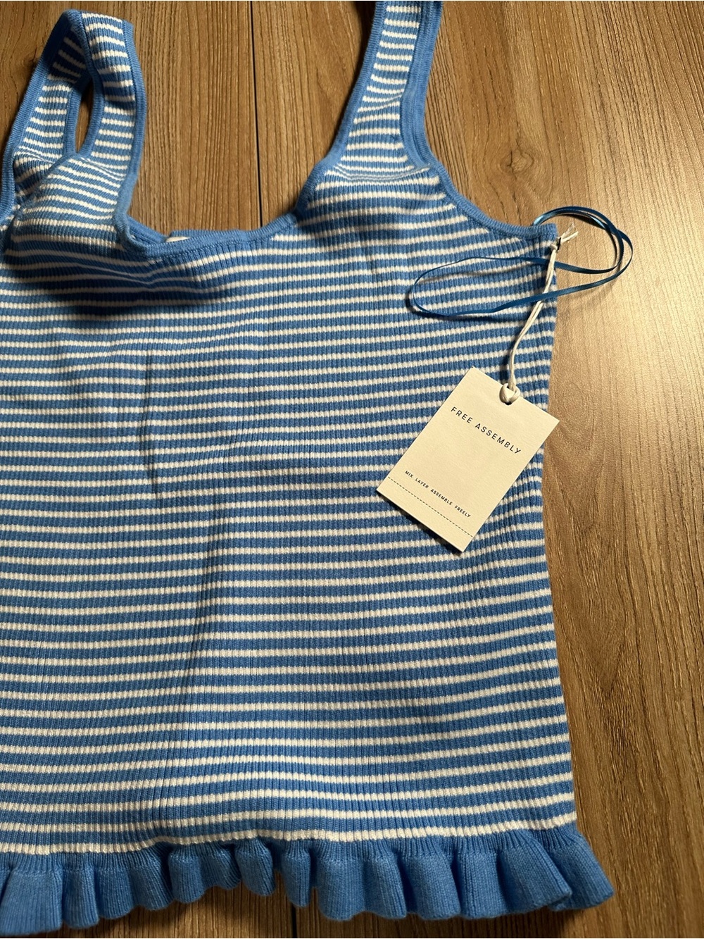 Free Assembly Blue & White Striped Ruffle-Hem Crop Tank